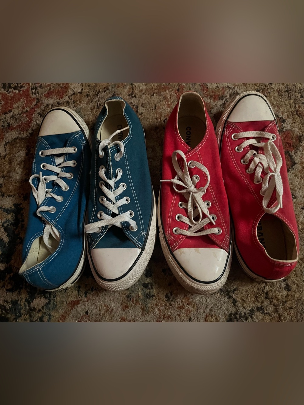 Converse Low-Top Canvas Sneakers in Blue and Red Pair